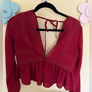 Red crochet lace V neck blouse
